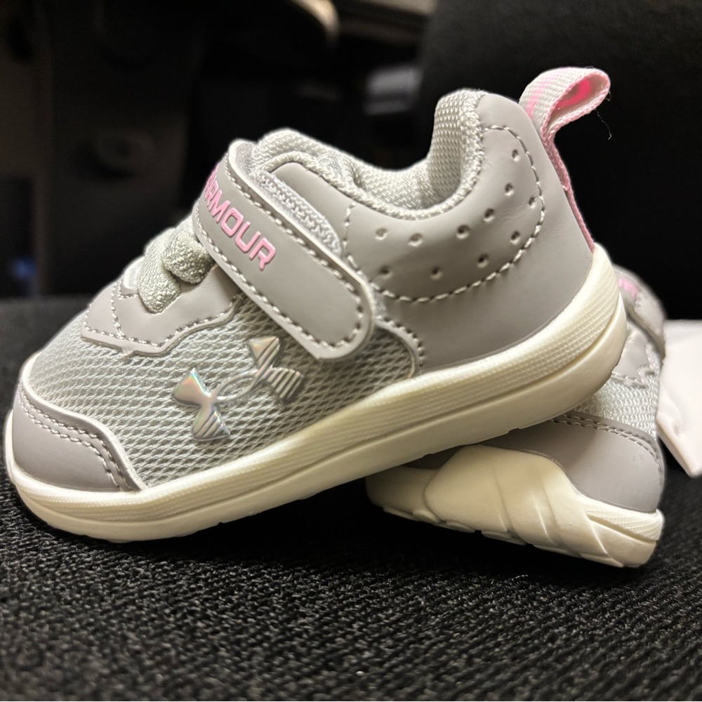 Under Armour Kids Gray Sneakers with Pink Accents - infant